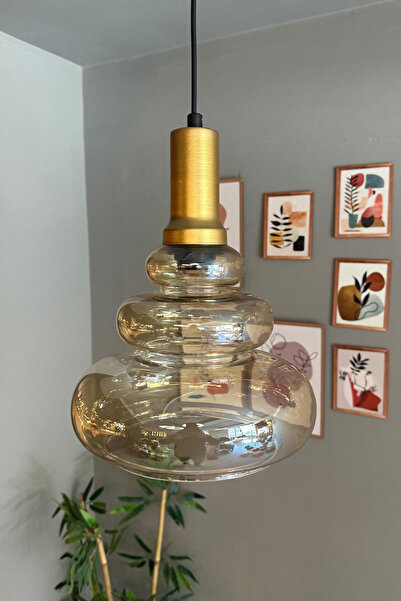 Bamyum Lily Cam Bal Rengi Tekli Avize Gold Fener Başlık Retro Sarkıt Lamba Restoran Salon Aydınlatma