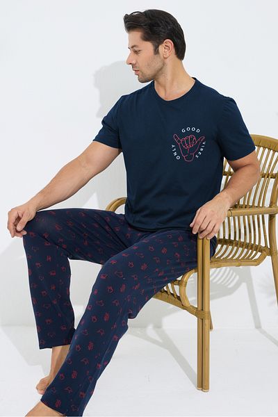 Siyah İnci Navy Blue Patterned Cotton Crew Neck Printed Short Sleeve Knitted Pajama Set