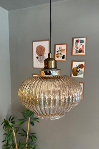 Bamyum Ruiz Cam Bal Rengi Tekli Avize Yarım Lale Başlık Retro Sarkıt Lamba Re...