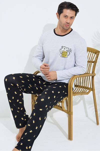 Siyah İnci Gray Patterned Cotton Crew Neck Printed Long Sleeve Knitted Pajamas Set