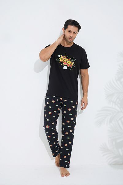 Siyah İnci Black Patterned Cotton Crew Neck Printed Short Sleeve Knitted Pajama Set