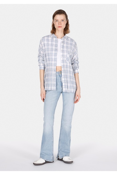 Colin's Relaxed Fit Shirt Neck Ekoseli Kadın Mavi Uzun Kol Gömlek