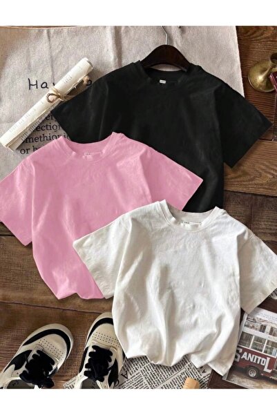 DEZZİİ 3-dijelna bela, roza i crna Oversize kroj majica