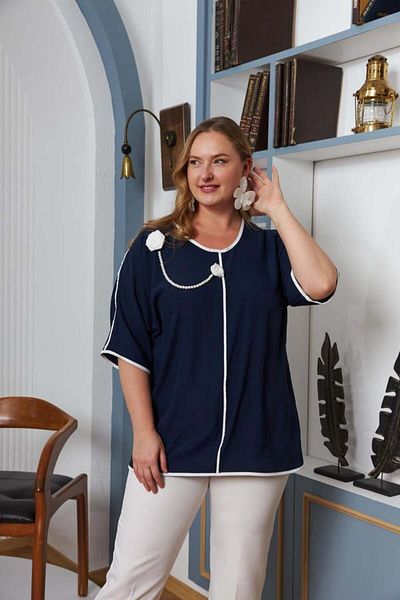 RMG Large Size Blouse with Piping Detail, Navy Blue