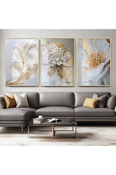 KOLAJTASARIM Çiçek Desenli Altın Detaylı Gold Metal Çerçeveli Cam Tablo