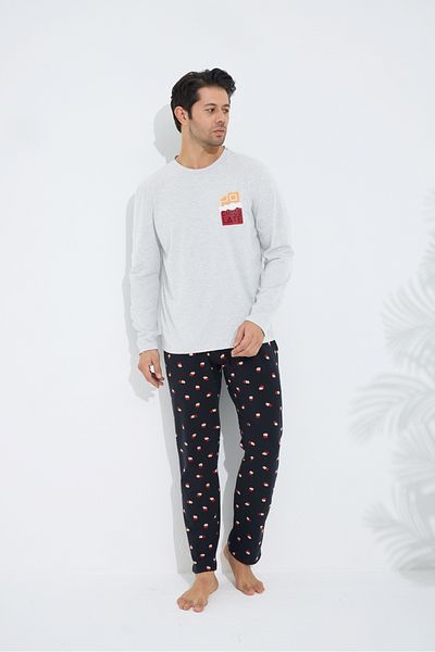 Siyah İnci Gray Patterned Cotton Crew Neck Printed Long Sleeve Knitted Pajamas Set