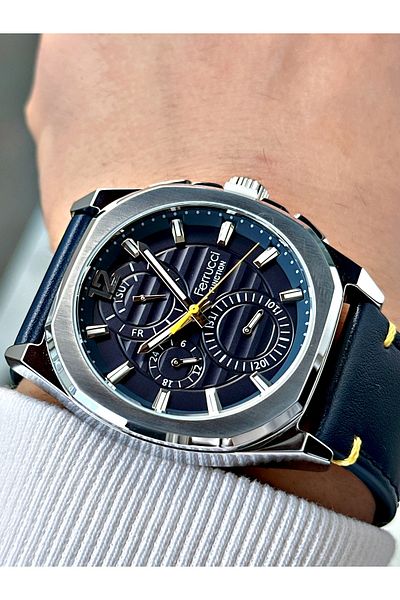 Ferrucci Navy Blue 3 Atm Waterproof Leather Men's Wristwatch - Functions Active