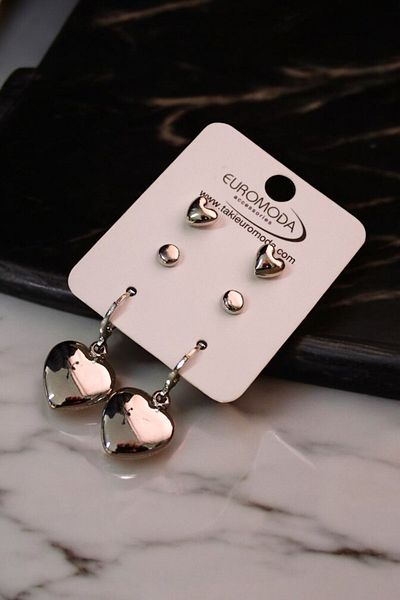 EUROMODA Silver Color Coated 3-Piece Earring Set with Heart Design Ball Earrings