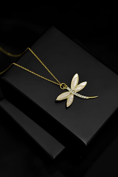 Papatya Silver 925 Ayar Gümüş Gold Kaplama Sedef Zirkon Taşlı Yusufçuk Kolye