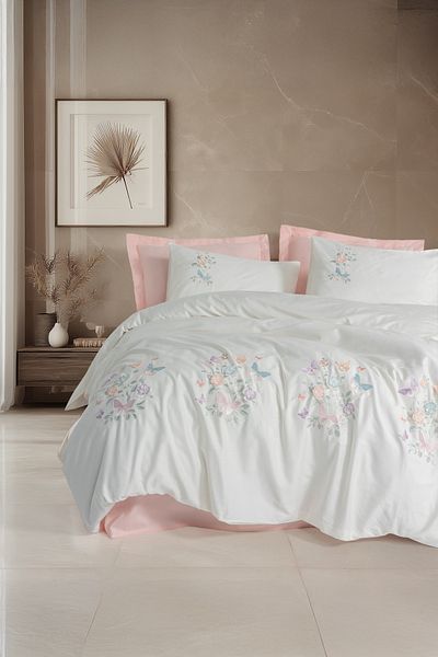 Cotton Box 3D Embroidered Satin Double Duvet Cover Set Liva Pudra