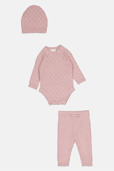 Rock A Bye Baby Boutique Toddlers Girl 3 Pieces Knitted Bodysuit And Tights With Cap Set, Rose Gold