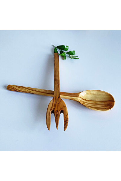 egedeneve Natural Olive Tree Salad Serving Set (2 Pieces) - Zeus Collection - Large Wooden Fork and Spoon
