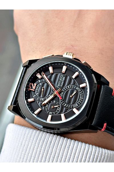Ferrucci Black Leather Band Men's Wristwatch - 3 Atm Waterproof, Functions Activated