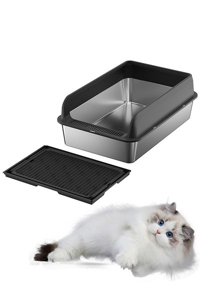 KidLe Stainless Steel Cat Litter Box Metal Litter Pan Tray with High Wall Sides