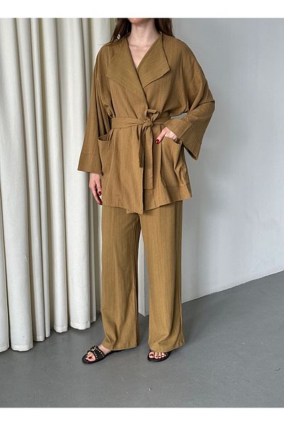 Laluvia Mustard Romina Raw Linen Jacket Trousers Set - 8447