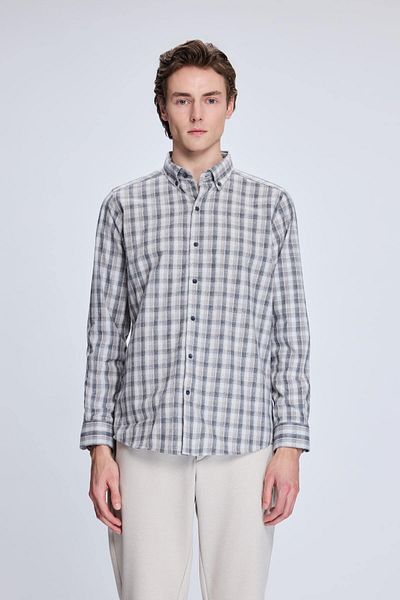 Hatemoğlu Μπεζ Slim Fit καρό μακρυμάνικο βαμβακερό πουκάμισο με γιακά