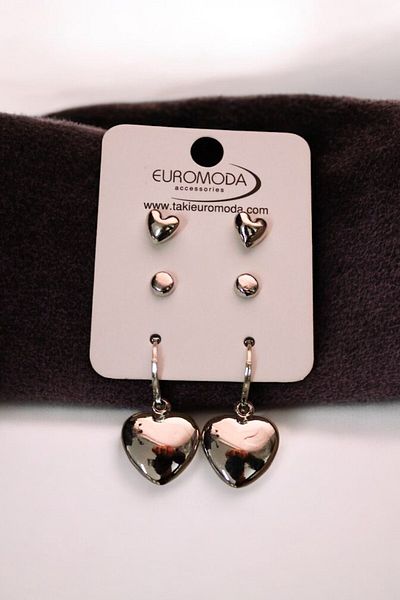 EUROMODA Silver Color Coated 3-Piece Earring Set with Heart Design Ball Earrings