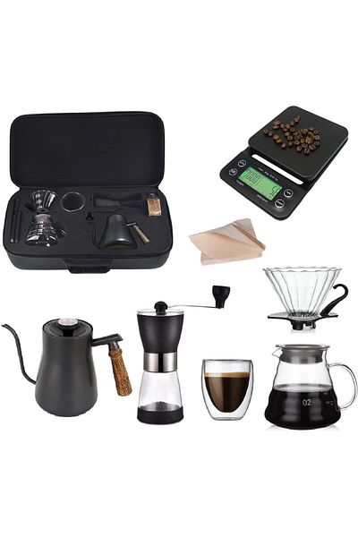 COOYA V60 Drip Coffee Maker Set,With Travel Case,Wooden Handle Kettle,Scale with Timer,Black,850ml