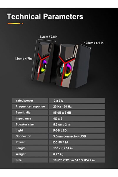 007 RGB 2.0 Hi‑Fi Stereo Gaming Computer Speakers with LED Lighting, Enhanced Bass, USB Power and 3.5m