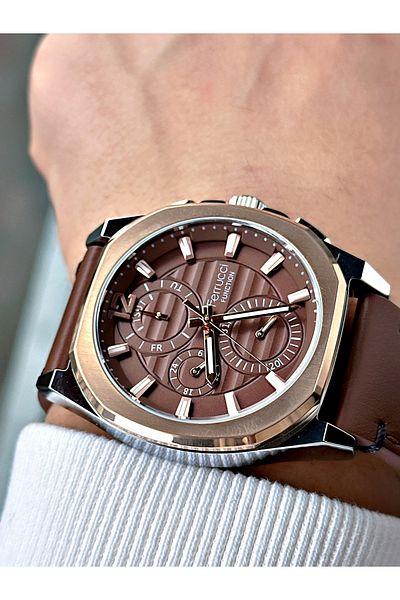 Ferrucci Men's Wristwatch - Brown, 3 Atm Waterproof, Leather Cord, Functions Active