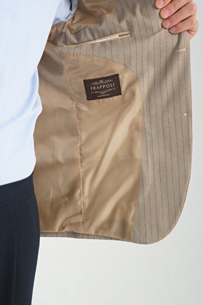 Frappoli Ateca Erkek Vizon İnce Çizgili Slim Fit Mono Yaka Yarım Astar Spor Blazer Ceket