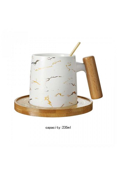 Miniso Marble Ceramic Mug with Wood Handle with Coaster & Spoon, 235mL (White)