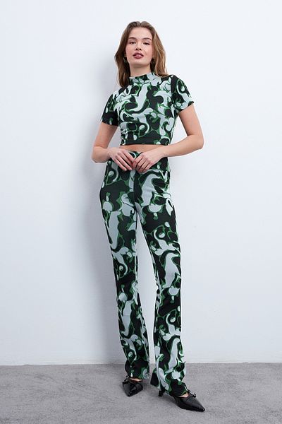 Trendseninle Women's Black Green Patterned Lycra Trousers Turtleneck Suit