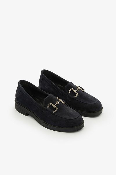 SAYL Mocasin de damă, din piele naturală, din piele de căprioară, albastru bleumarin, cu cataramă fără șireturi