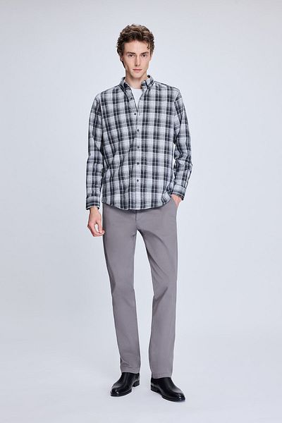 Hatemoğlu Γκρι Slim Fit καρό μακρυμάνικο βαμβακερό πουκάμισο με γιακά