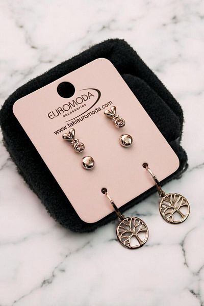 EUROMODA Tree of Life Patterned - 3-Piece Earring Set with Ball Earrings