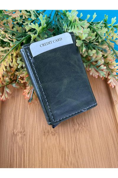 ulaşaksesuar Green Color Artificial Leather Rfid Protected 7 Pieces Card Holder Automatic Mechanism Men's Wallet
