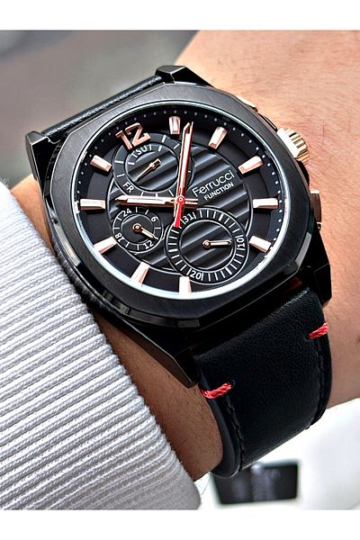 Ferrucci Black Leather Band Men's Wristwatch - 3 Atm Waterproof, Functions Activated