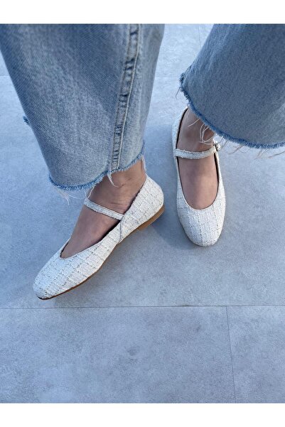 Elvinin Tarzı Lina White Tweed Ballerinas