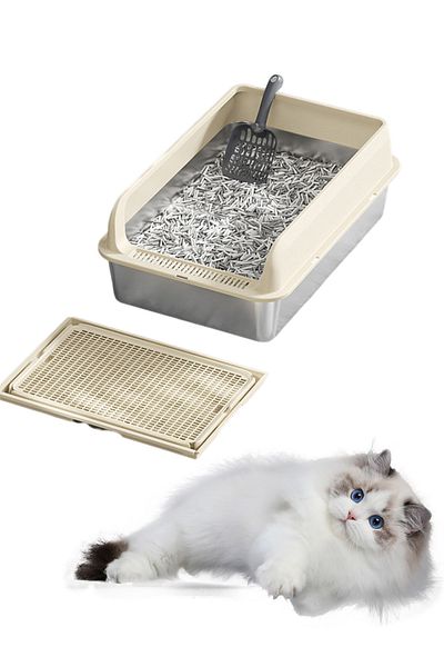 KidLe Stainless Steel Cat Litter Box Cat Litter Tray Metal Litter Pan Tray with High Wall Sides