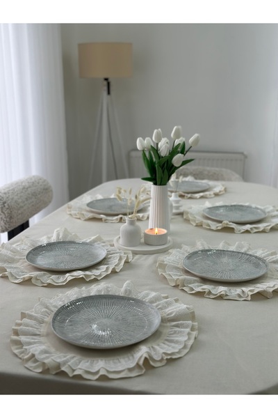 eyma home Комплект покривки за маса от суров лен с волани, 6 части, подложка ...