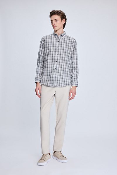 Hatemoğlu Μπεζ Slim Fit καρό μακρυμάνικο βαμβακερό πουκάμισο με γιακά