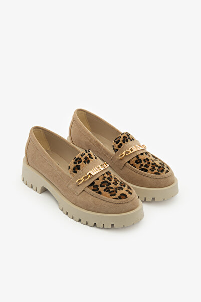 SAYL Бежеві замшеві жіночі лофери з леопардовим візерунком і пряжкою