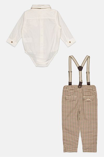 Little Gent Toddlers Boy 3 Pieces Plaid Top And Bottom With Bow Tie Set, Off White