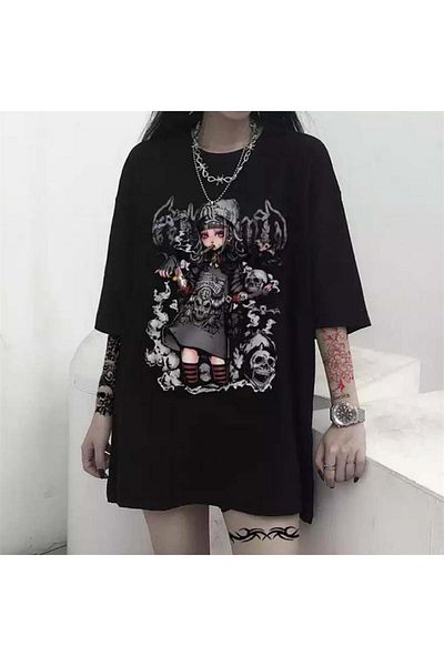 Köstebek Μπλουζάκι Harajuku Gothic Skull Girl Μαύρο Unisex