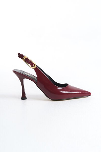 Redoxy Women's Ankle Strap Wide Metal Buckle Detailed Burgundy Patent Leather Stiletto