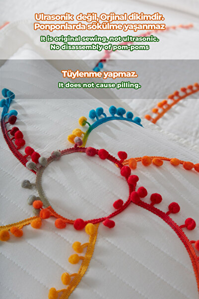 Evlen Home Collection Rise Renkli Ponponlu %100 Pamuk Tek Kişilik Yatak Örtüsü Kapitone Dolgulu Pike Takımı Krem Renkli