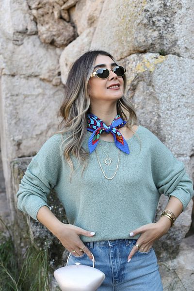 bytugcekaya Pulover mercerizat cu guler larg, verde apă, mărime standard