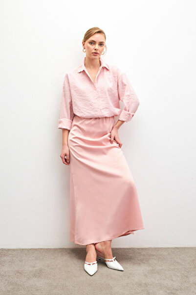 Bipantolon Women's Pink Elastic Waist Flowy Satin Flared Skirt