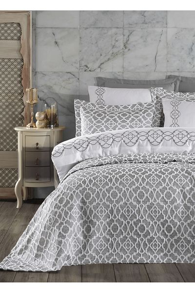 Dantela Victoria Gray Embroidered Duvet Cover and Jacquard Bedding Set