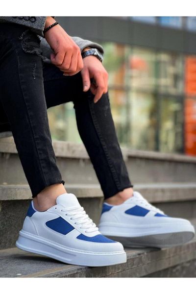 BPM Kb-X8 White Skin Blue Suede Detailed White High Sole Casual Sneakers