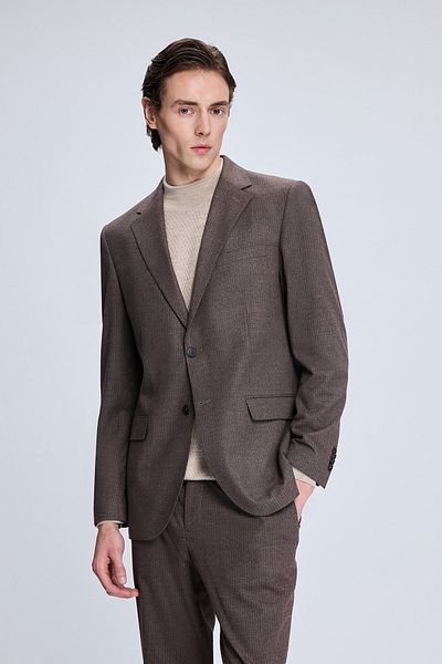 Hatemoğlu Brown Slim Fit Striped Mono Collar Classic Suit