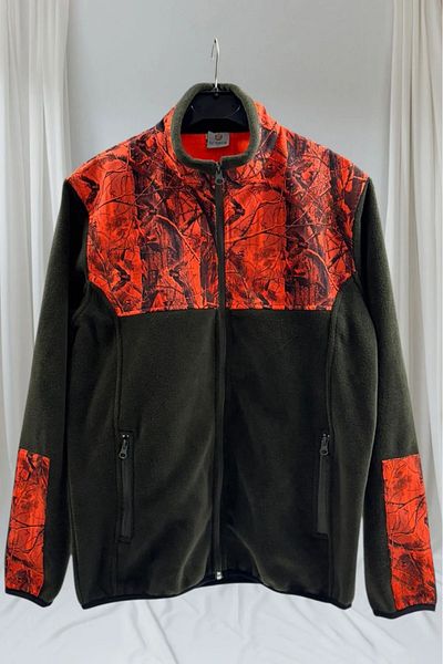 onsrawear Hunting Forest Pattern Windbreaker - Printed Stand Collar Softshell Orange Khaki Fleece Jacket