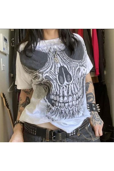 Köstebek Λευκό μπλουζάκι Unisex Cyber Grunge Big Skull