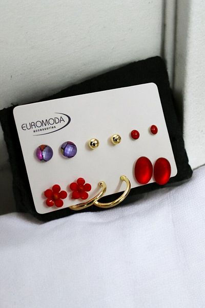 EUROMODA Ring Daisy Colorful Earrings Designed with Ball and Solitaire 6-Piece Red Earring Set