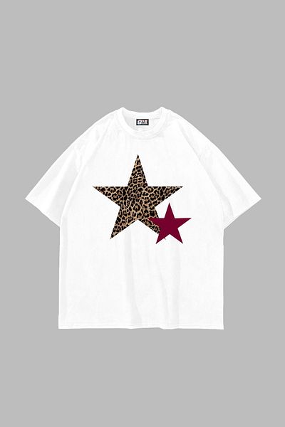 Sekizbiraltı Y2k Leopard Starz εμπριμέ υπερμεγέθη Unisex λευκό μπλουζάκι